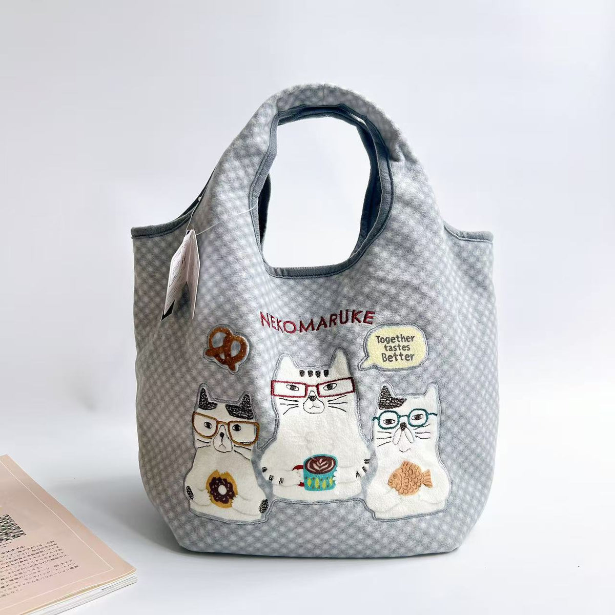 Kusuguru正品刺繡眼鏡貓手提包手提包逛街購物通勤包刷毛621|眼鏡貓灰9672-1
