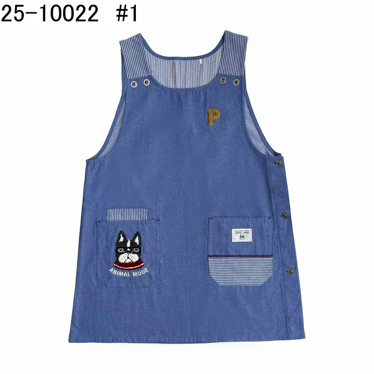 日本Kusuguru正品刺繡貓咪法鬥圍裙布藝家務防油防污花藝烘焙435|保羅淺牛仔藍色10022-1