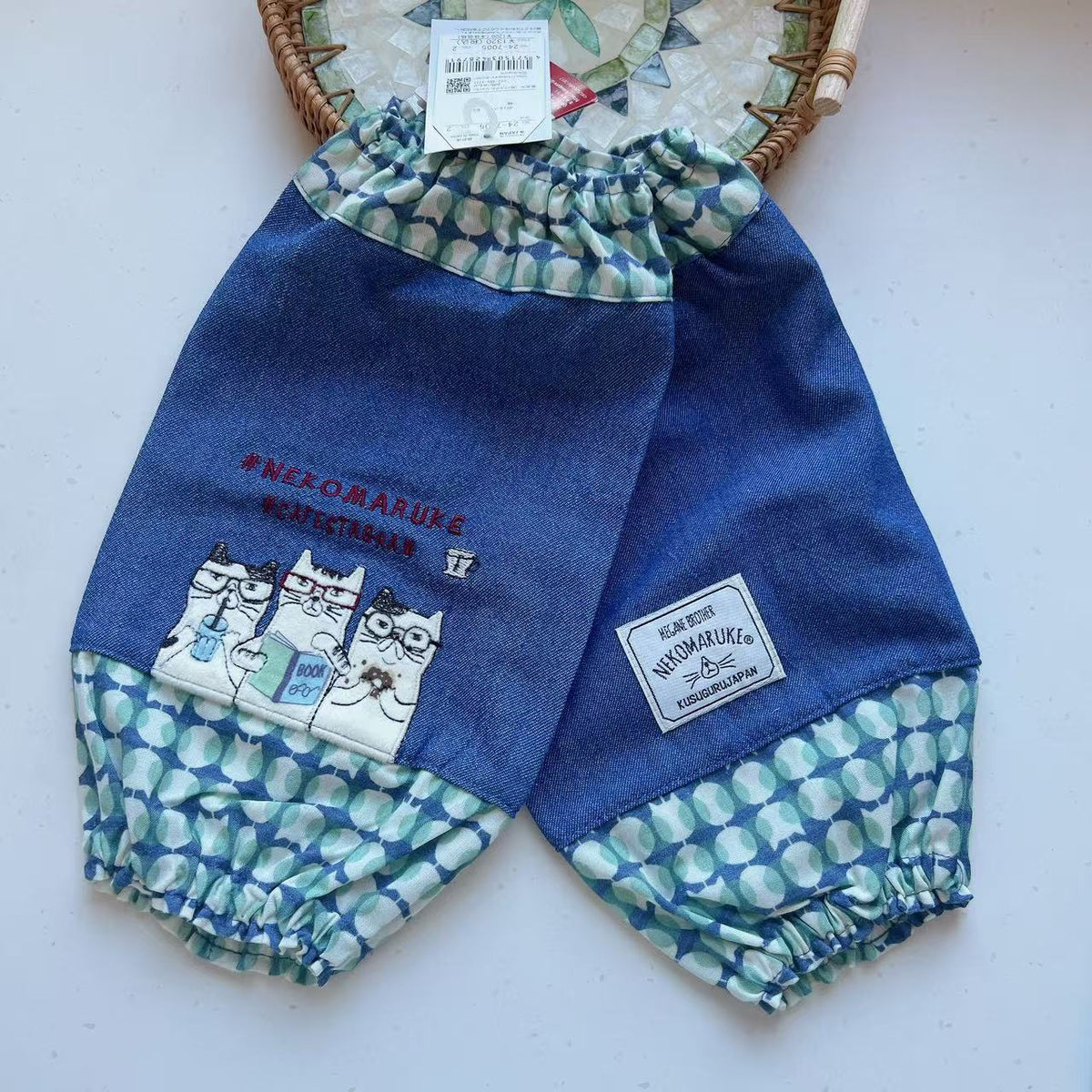 日本kusuguru刺繡眼鏡貓袖套家務防油防污袖套布藝花藝烘焙100|藍色7005-2