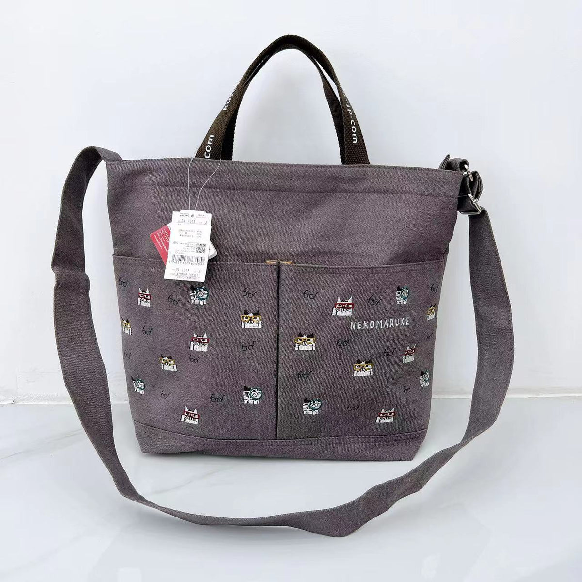 日本kusuguru重工刺繡貓咪肩背包大型斜背包手提包手提包布藝200|咖色7518-3