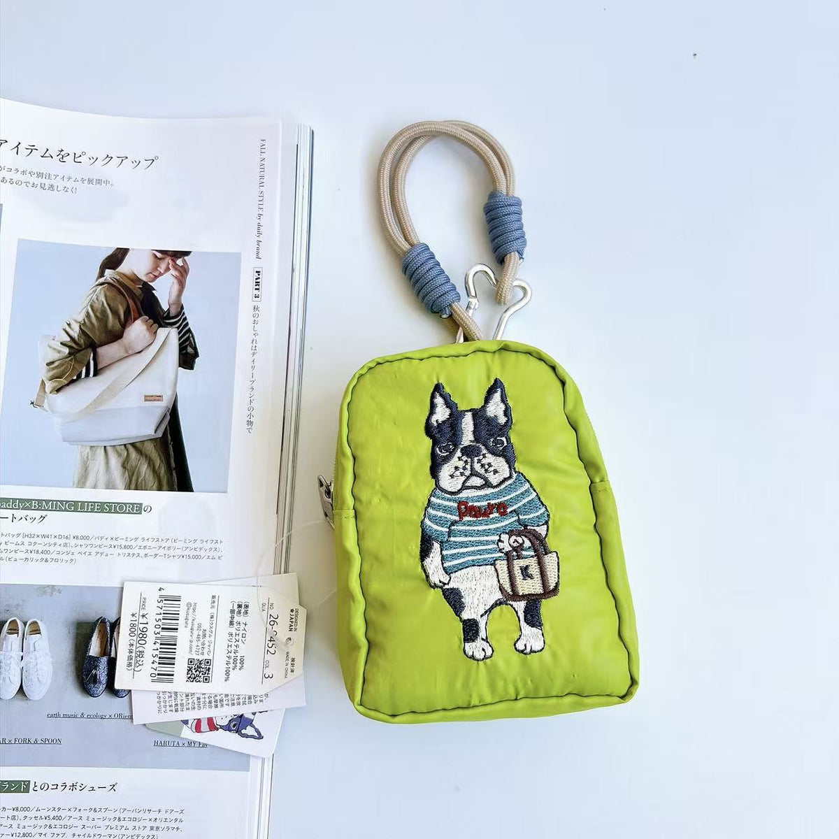 日本Kusuguru正品重工刺繡貓咪法鬥蜜豆零錢包掛飾收納包布藝卡通|保羅嫩綠門形9452
