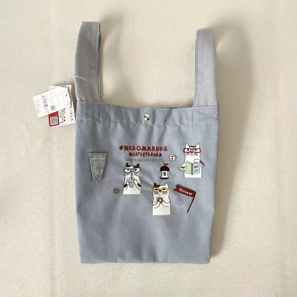 日本kusuguru刺繡貓咪手提包手提包馬甲包布藝卡通包逛街購物100|灰色7008-1