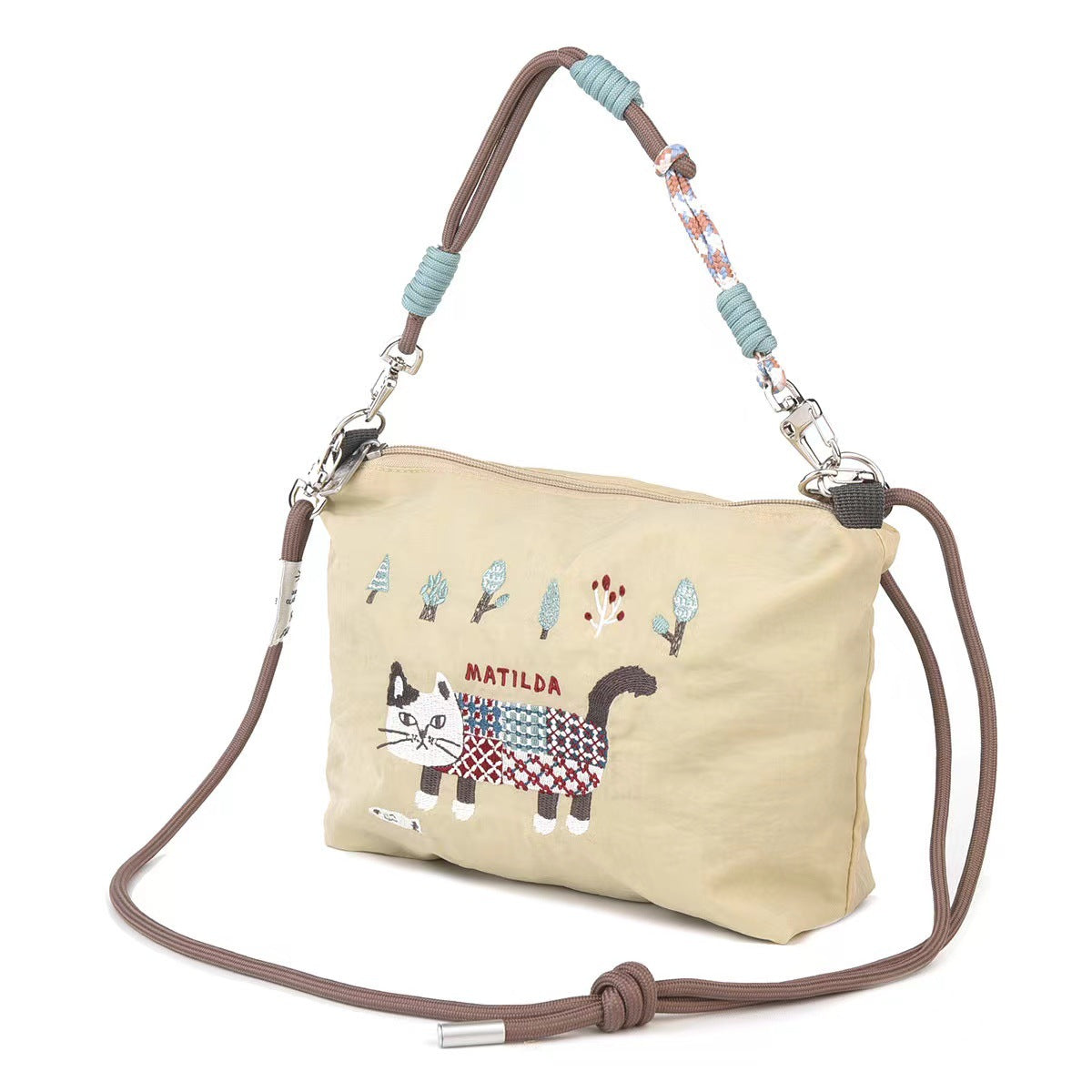 日本Kusuguru重工刺繡貓咪聚酯纖維肩背包斜背包手提包卡通包通勤219|爬貓卡其7595-1