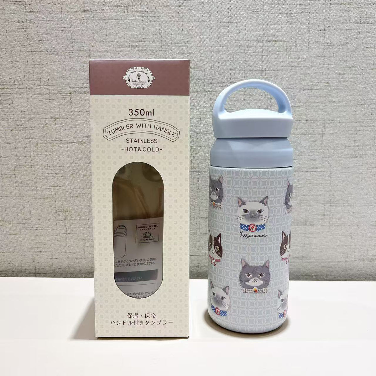 日本Kusuguru正品保溫杯保冷直筒杯手提式304不鏽鋼杯卡通貓咪405|蜜豆淺藍8704-1/350 ml