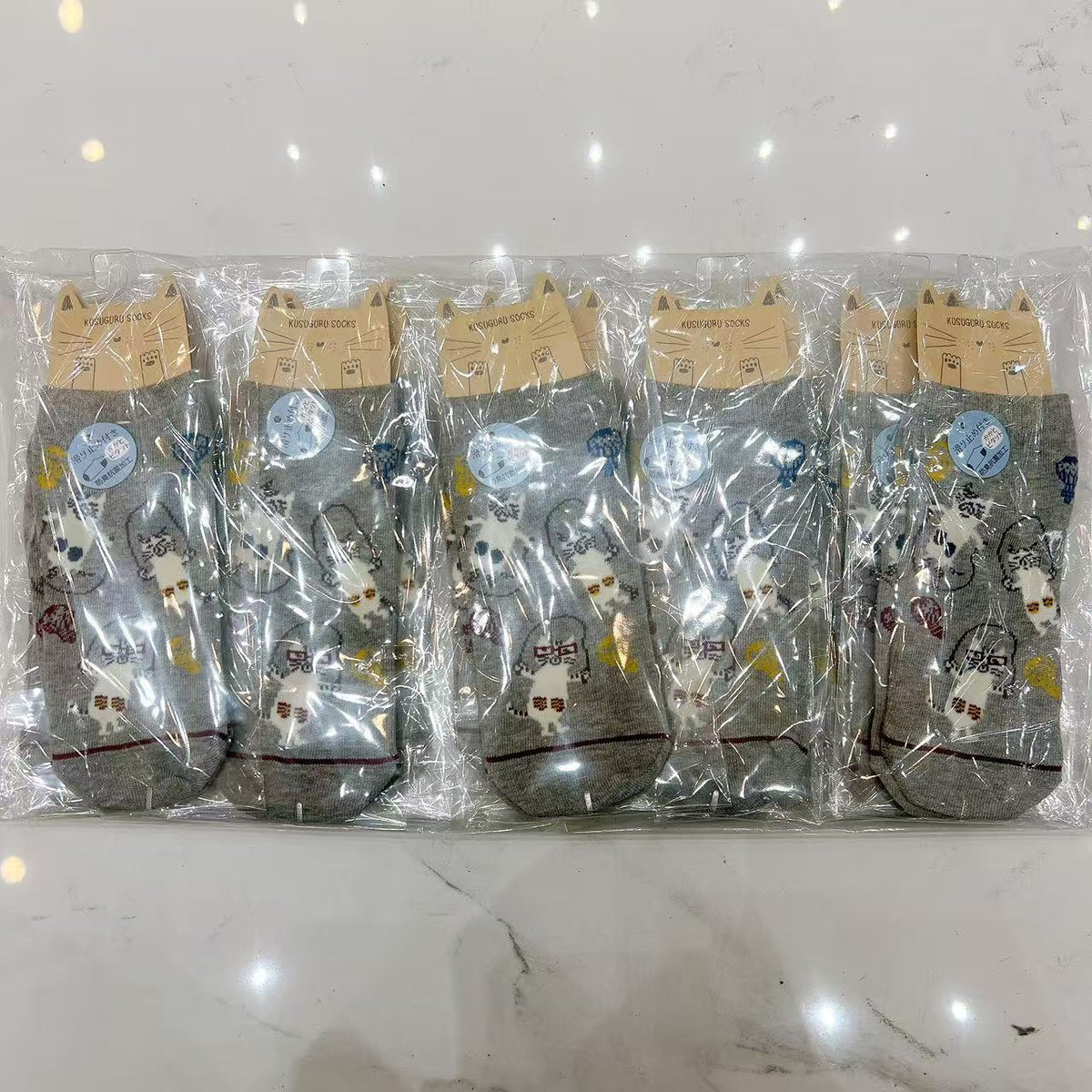 日本Kusuguru提花貓咪船襪中筒襪卡通棉襪堆堆襪襪子521(10雙入)|船襪眼鏡貓麻灰9159-1/單一尺寸