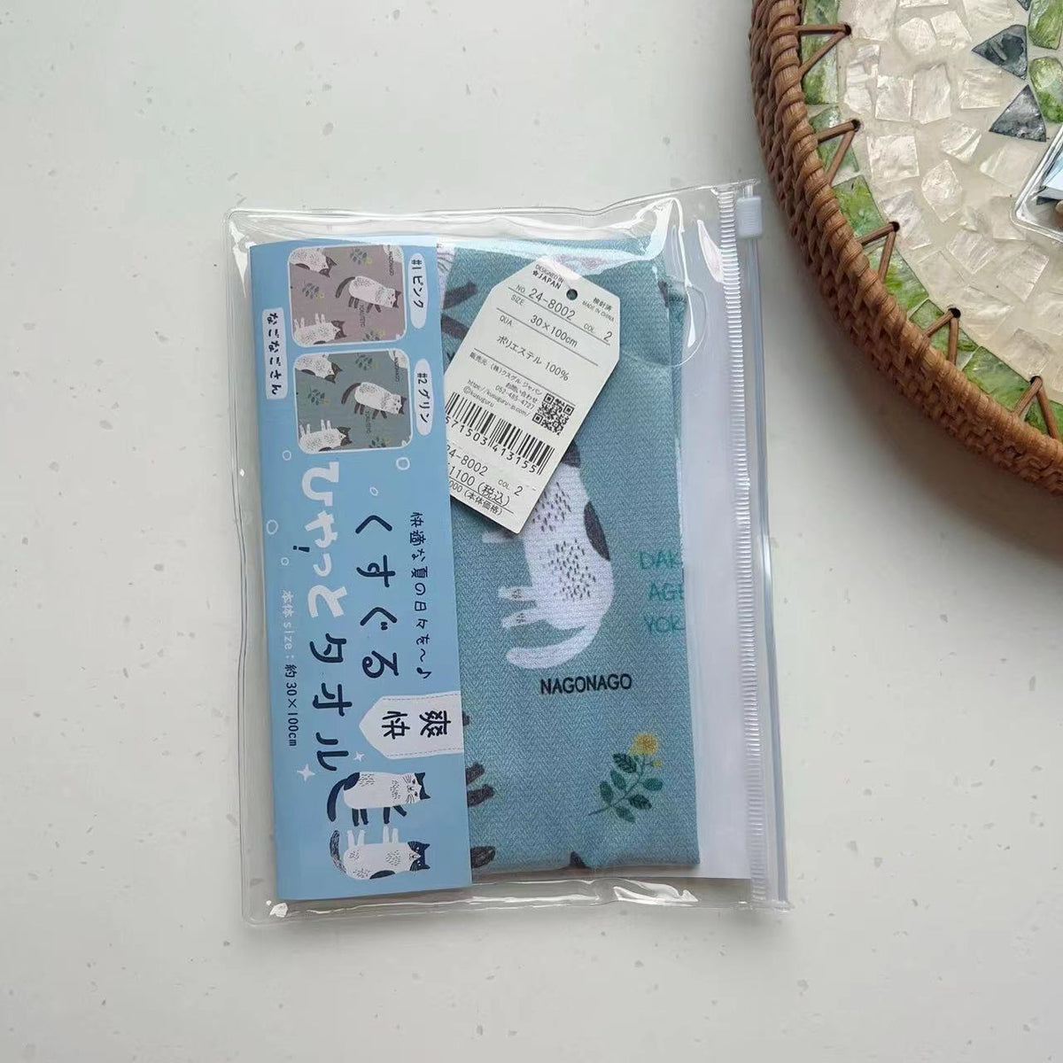 日本kusuguru貓咪數位印花冷感毛巾輕薄快乾方便攜帶汗巾冰涼巾128|Nago貓綠色8002-2/30 × 100 cm