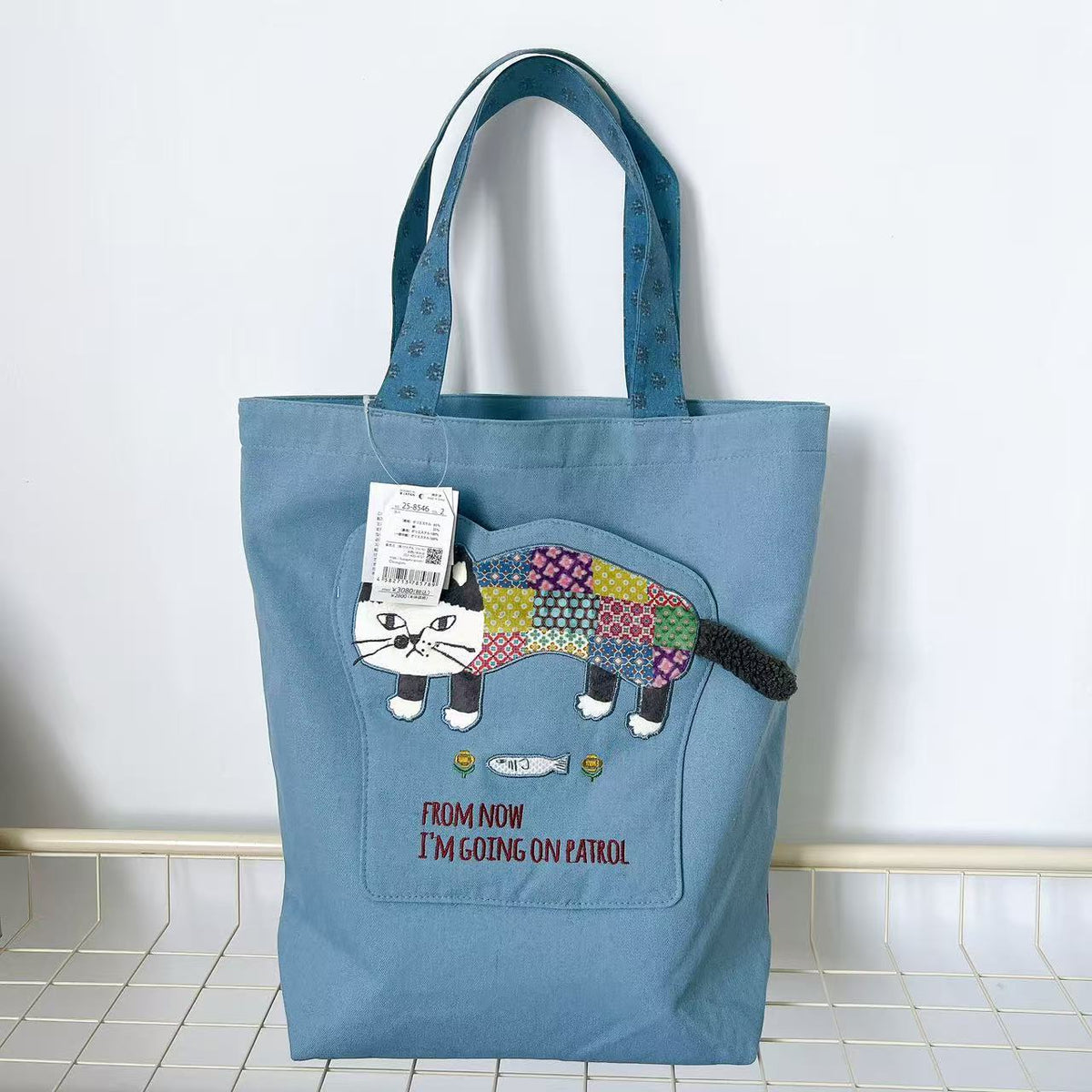 日本Kusuguru正品刺繡爬貓肩背包手提包手提包補習包逛街購物401|爬貓藍8546-2