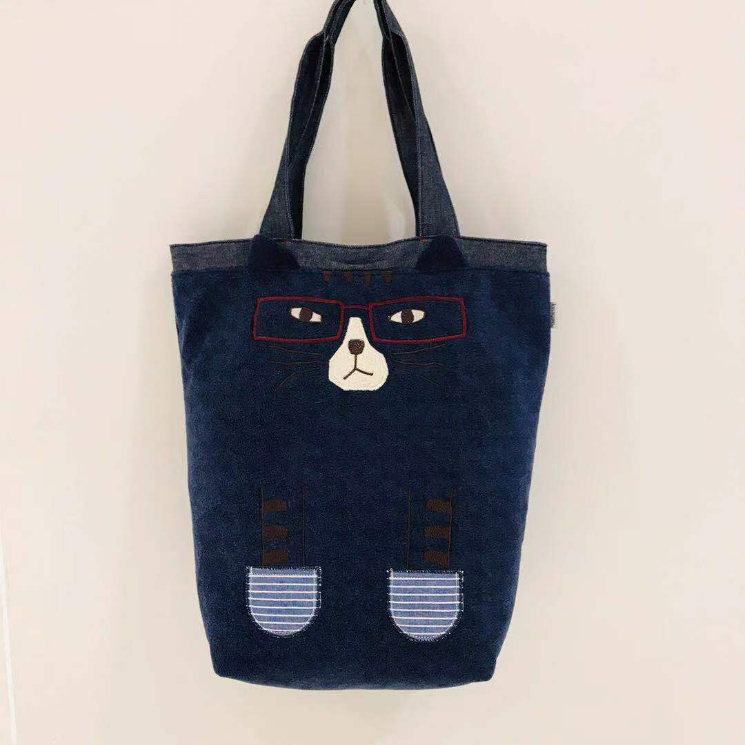 出口日本秋冬珊瑚絨刺繡貓咪手提包肩背包手提包逛街輕便通勤包|深藍色