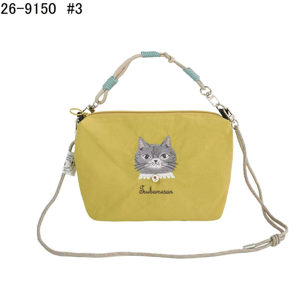 日本Kusuguru正品重工刺繡貓咪斜背包尼龍肩背包手提通勤509|蜜豆貓頭黃9150-3