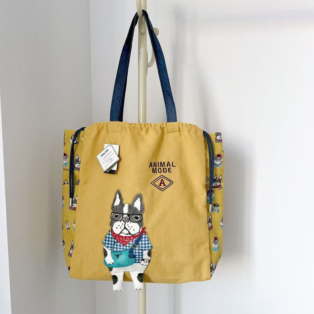 日本Kusuguru正品刺繡貓咪法鬥肩背包手提包抽繩包逛街購物502|保羅黃色9042-1