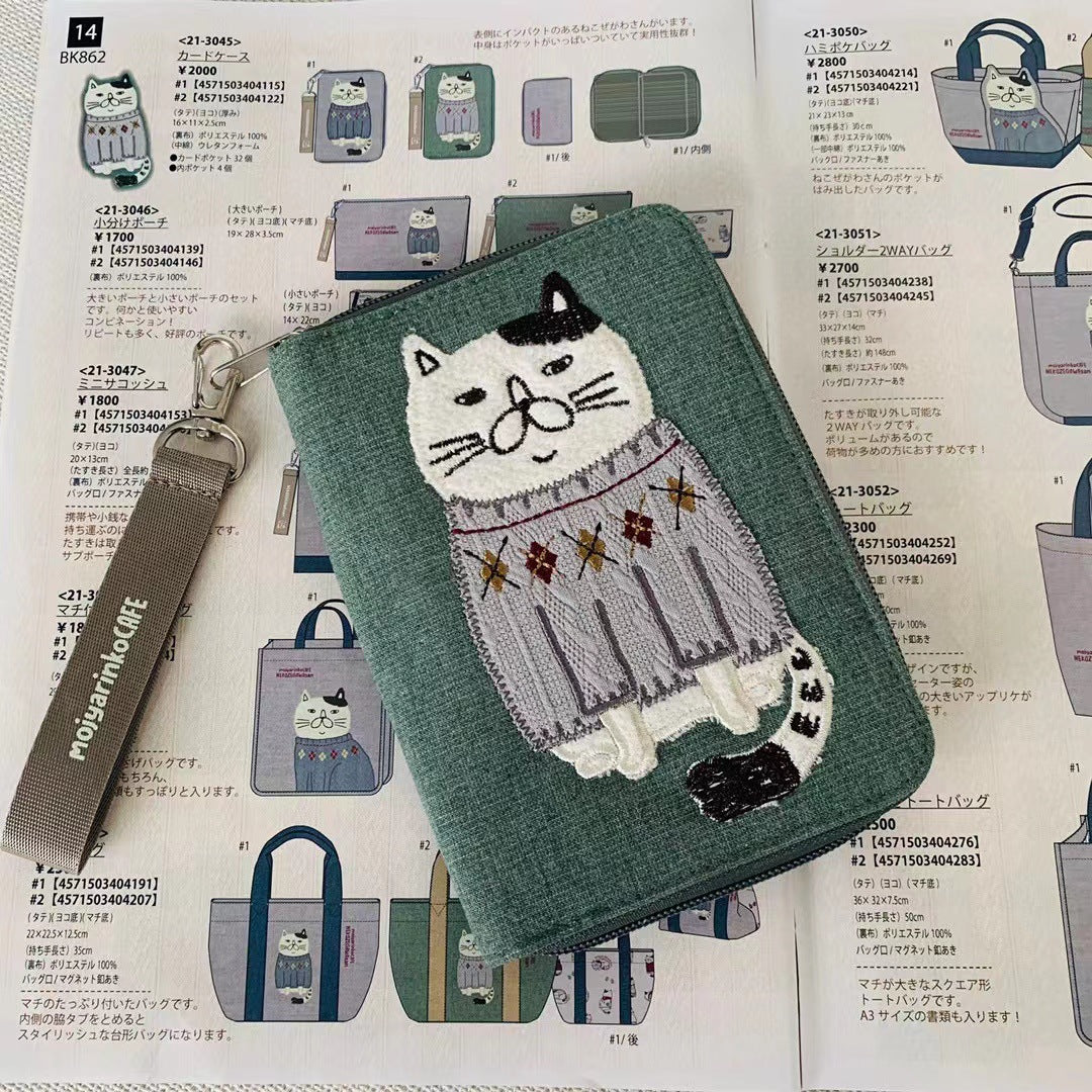 日本kusuguru刺繡胖貓手機包多層卡套卡套手拿包零錢包名片包862|綠色3045-2(加工費上調)