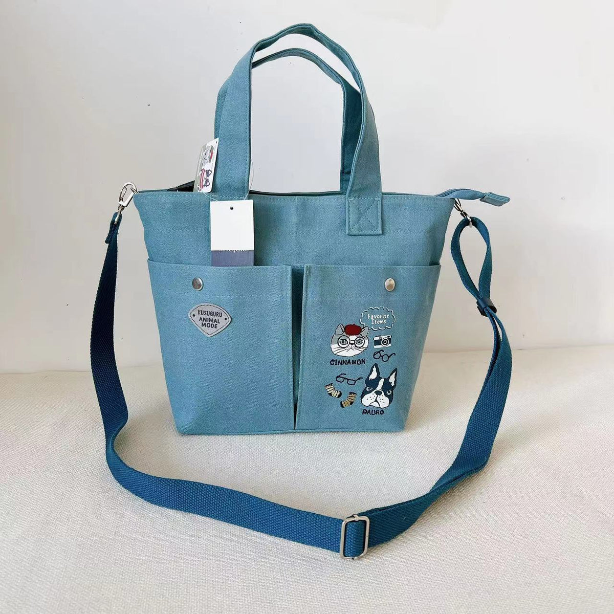 日本kusuguru貓咪法鬥刺繡斜背包肩背包手提包拎包多口袋布藝102|藍綠色7044-2