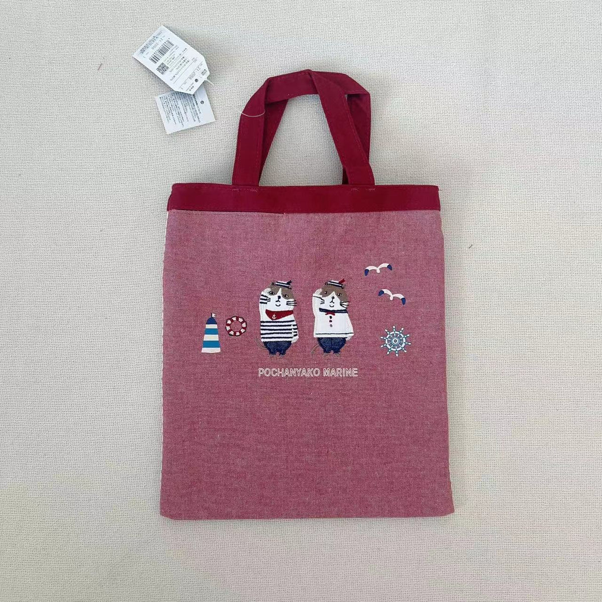 日本刺繡海軍貓布藝手提包iPad包補習包手提包逛街購物包卡通838|紅色2056-1