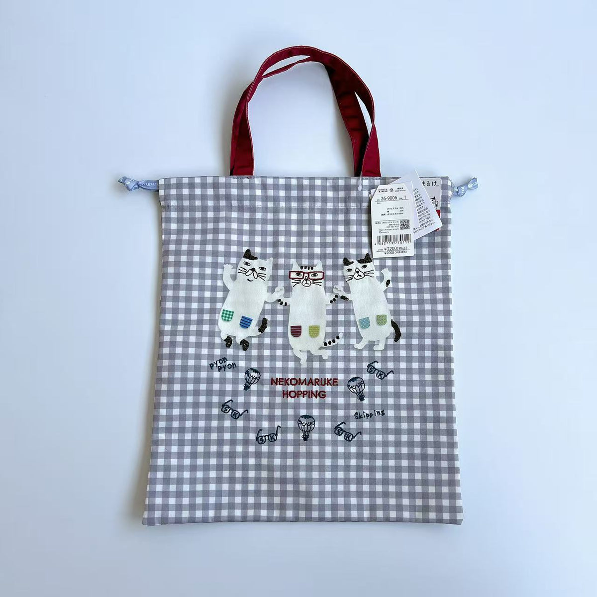 日本Kusuguru正品刺繡眼鏡貓手提包手提包補習包抽繩包帆布袋500|眼鏡貓灰格子9006-1;33 × 29 cm