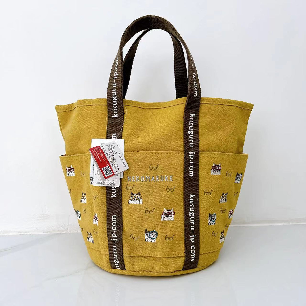 日本kusuguru重工刺繡貓咪手提包水桶包逛街購物手提布藝卡通200|亮黃色7516-1