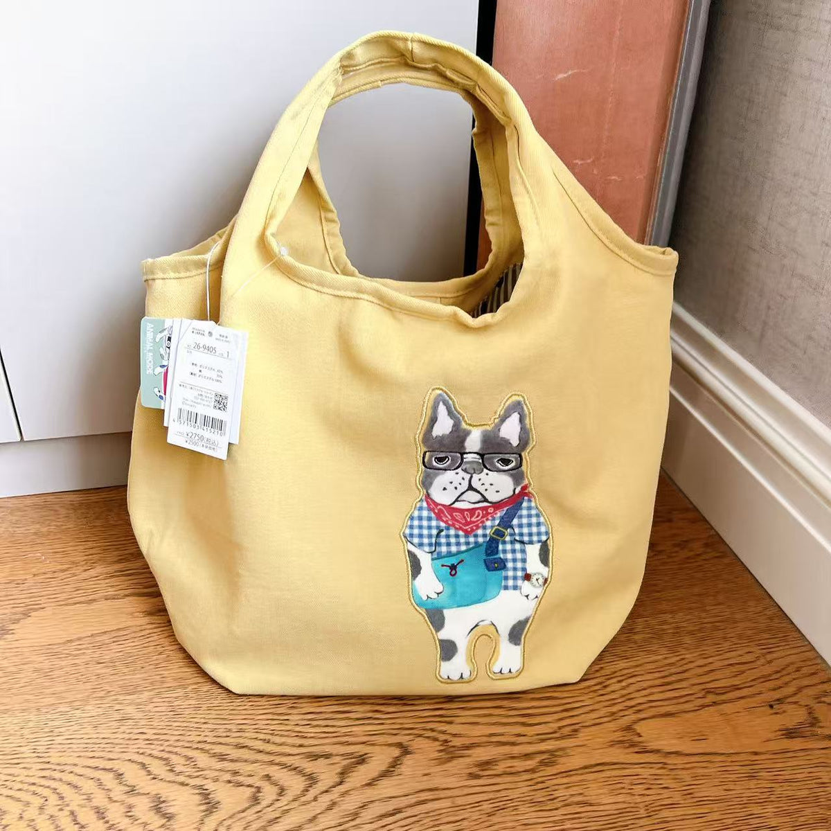 日本Kusuguru正品刺繡貓咪法鬥犬手提包購物包手提包帆布袋子502|保羅黃色9405-1