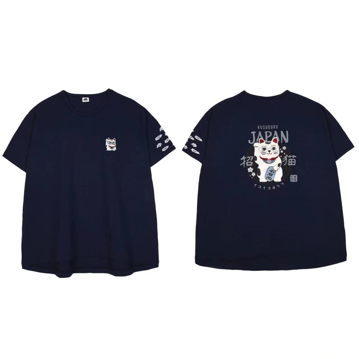 日本Kusuguru刺繡貓咪女性棉T圓領短袖衫純棉休閒棉衫百搭112|招財貓藏青7130-2/單一尺寸