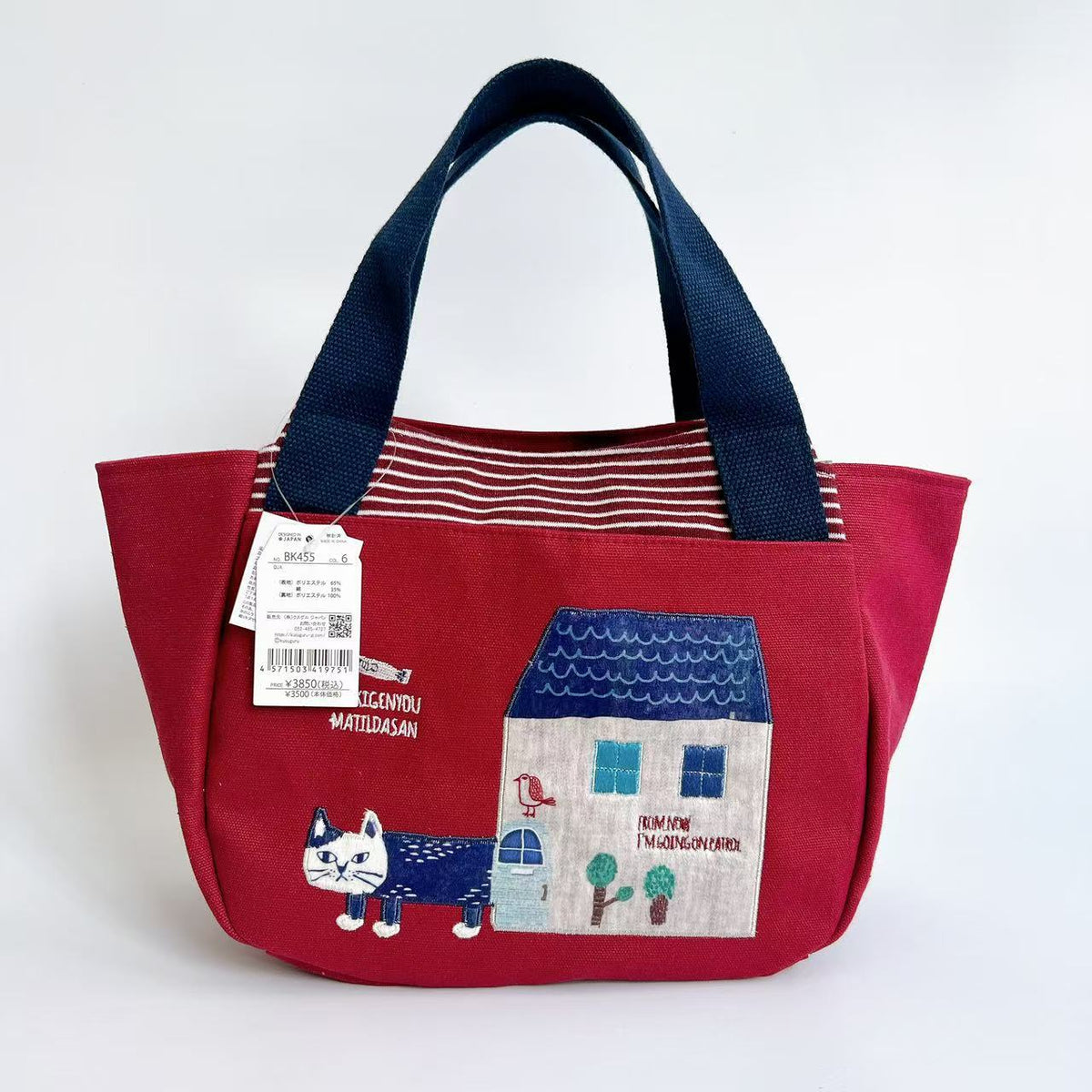 日本Kusuguru正品刺繡貓咪法鬥手提包手提包元寶包飯盒包帆布455｜爬貓酒紅455-6