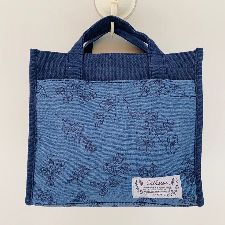 出口日本花柄刺繡手提包保溫保冷便當包手提包帶飯飯盒包布藝｜藍色刺繡