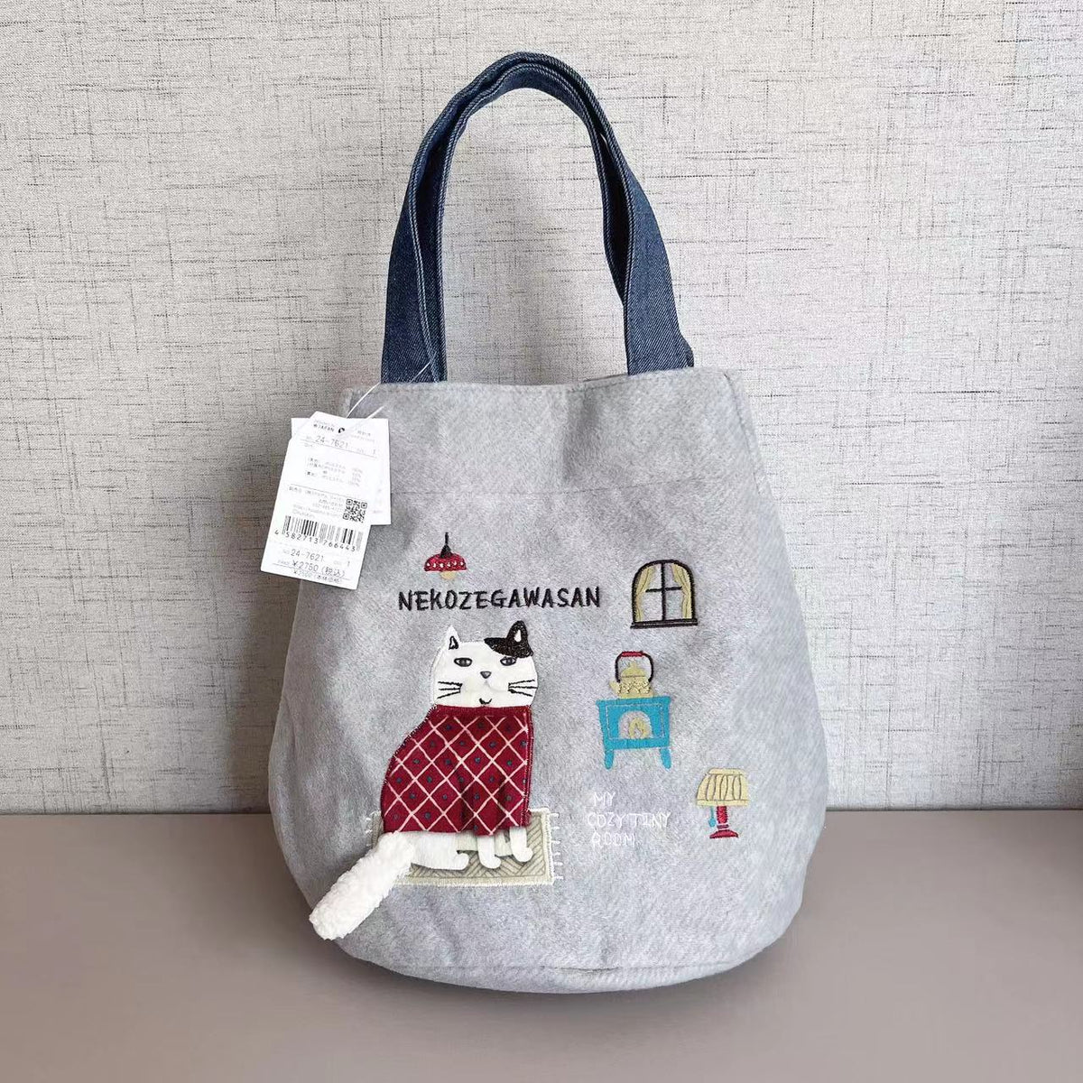 日本Kusuguru刺繡胖貓手提包水桶包手提包刷毛通勤卡通購物214｜灰色7621-1