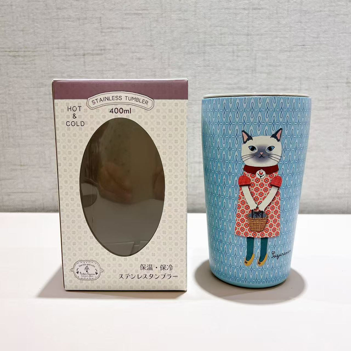 日本Kusuguru正品304不鏽鋼蓋式咖啡杯保溫保冷杯400 ml卡通貓405｜蜜豆淺藍8702-4／400 ml