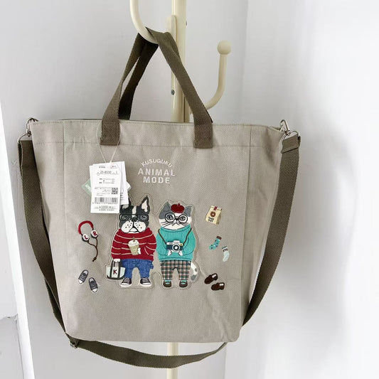 日本Kusuguru正品刺繡法鬥貓咪斜背包肩背包手提包手提包補習402｜露西and保羅米黃8530-1