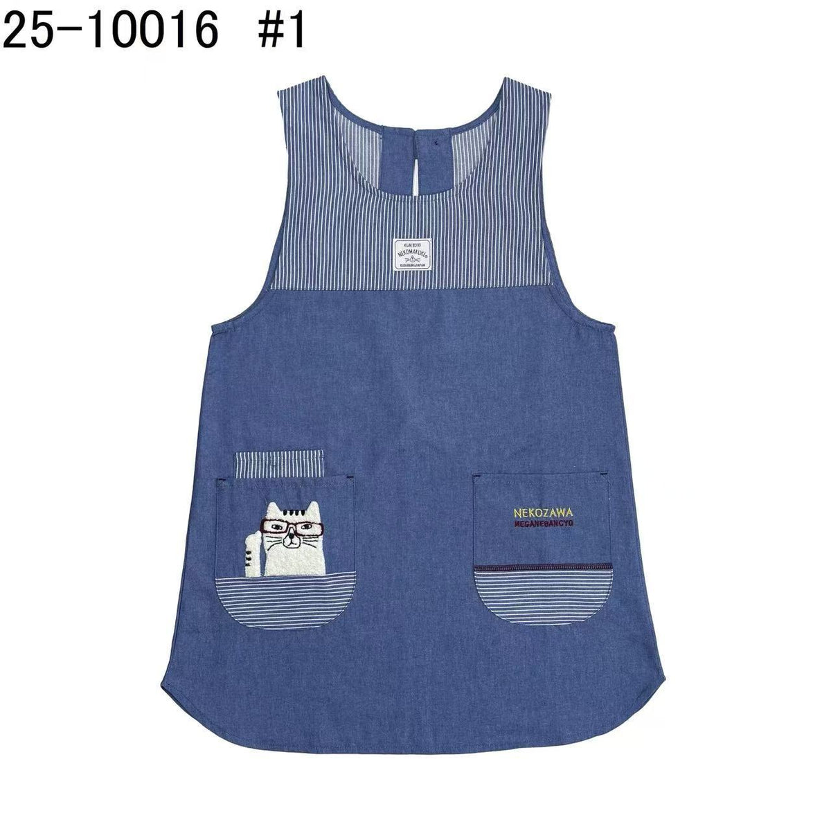 日本Kusuguru正品刺繡貓咪法鬥居家圍裙防污防油防汙罩衫烘焙花藝436｜眼鏡貓淺牛仔藍10016-1