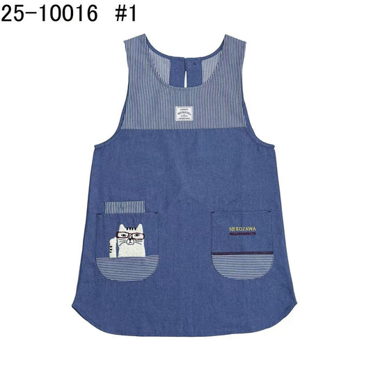 日本Kusuguru正品刺繡貓咪法鬥居家圍裙防污防油防汙罩衫烘焙花藝436｜眼鏡貓淺牛仔藍10016-1