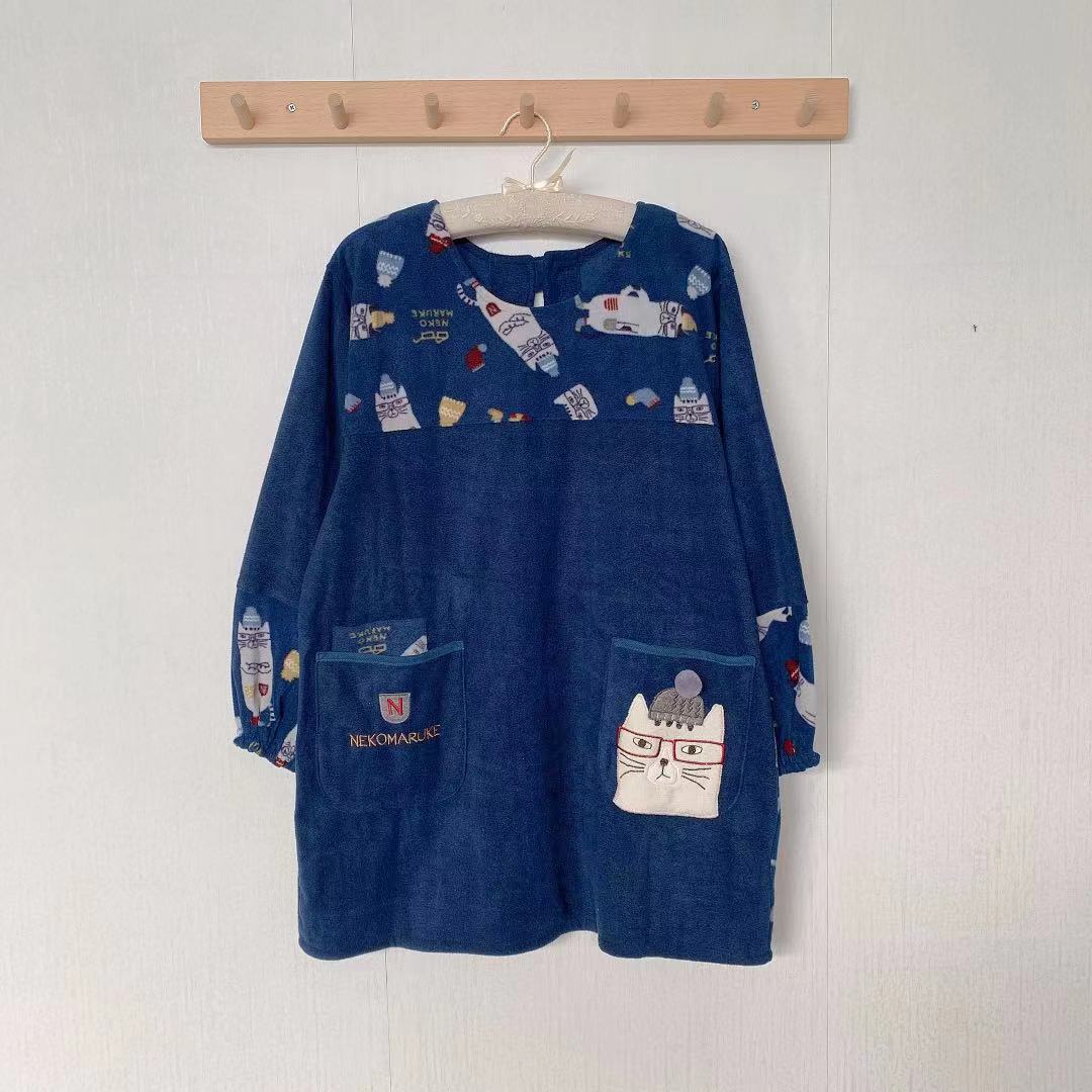 日本刷毛刺繡貓咪居家圍裙防污防油防汙罩衫反穿烘焙花藝保暖874｜藏青色3153