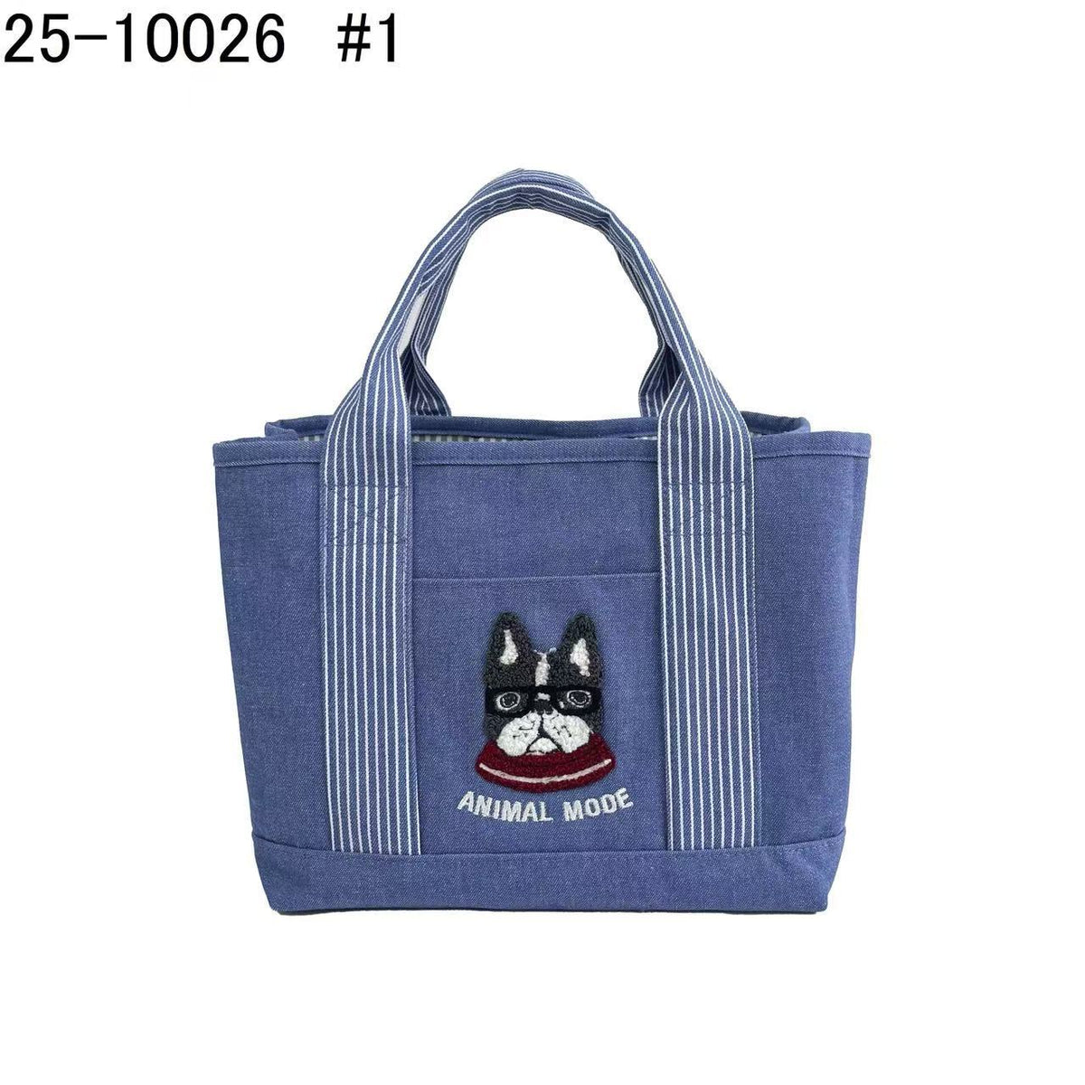 日本Kusuguru正品刺繡貓咪法鬥手提包牛仔托特包手提包隔層包435｜保羅淺牛仔藍10026-1