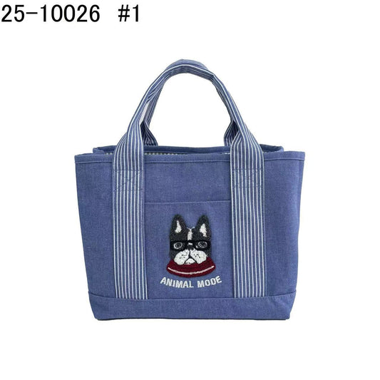 日本Kusuguru正品刺繡貓咪法鬥手提包牛仔托特包手提包隔層包435｜保羅淺牛仔藍10026-1