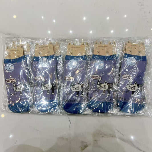 日本Kusuguru提花貓咪船襪中筒襪卡通棉襪堆堆襪襪子521(10雙入)｜船襪爬貓紫9160-2／單一尺寸