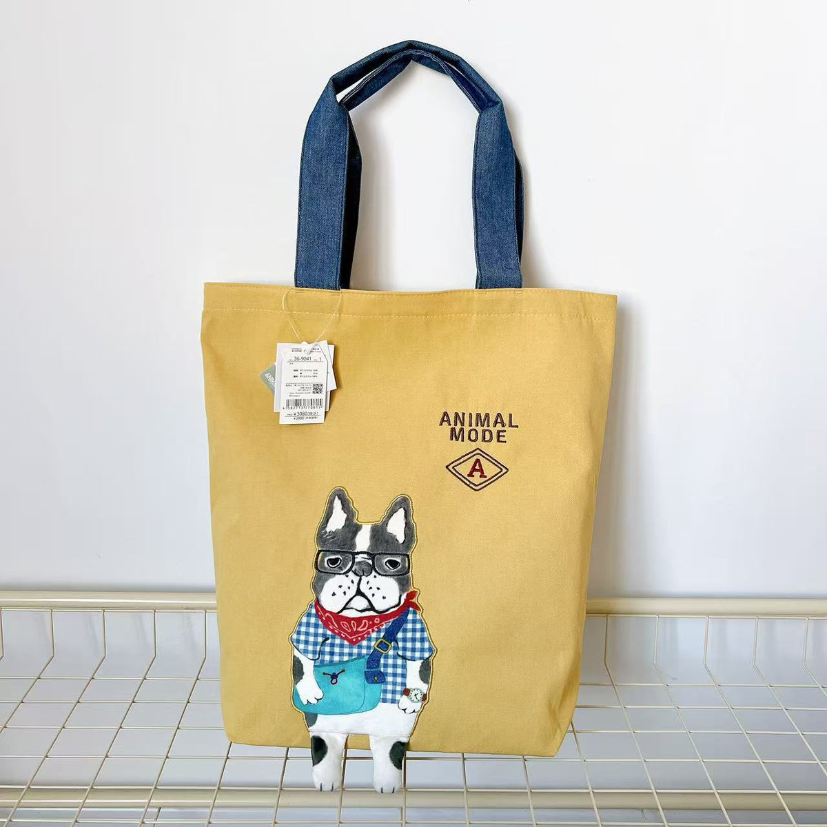 日本Kusuguru正品刺繡貓咪法鬥肩背包手提包手提包補習包通勤502｜保羅黃色9041-1