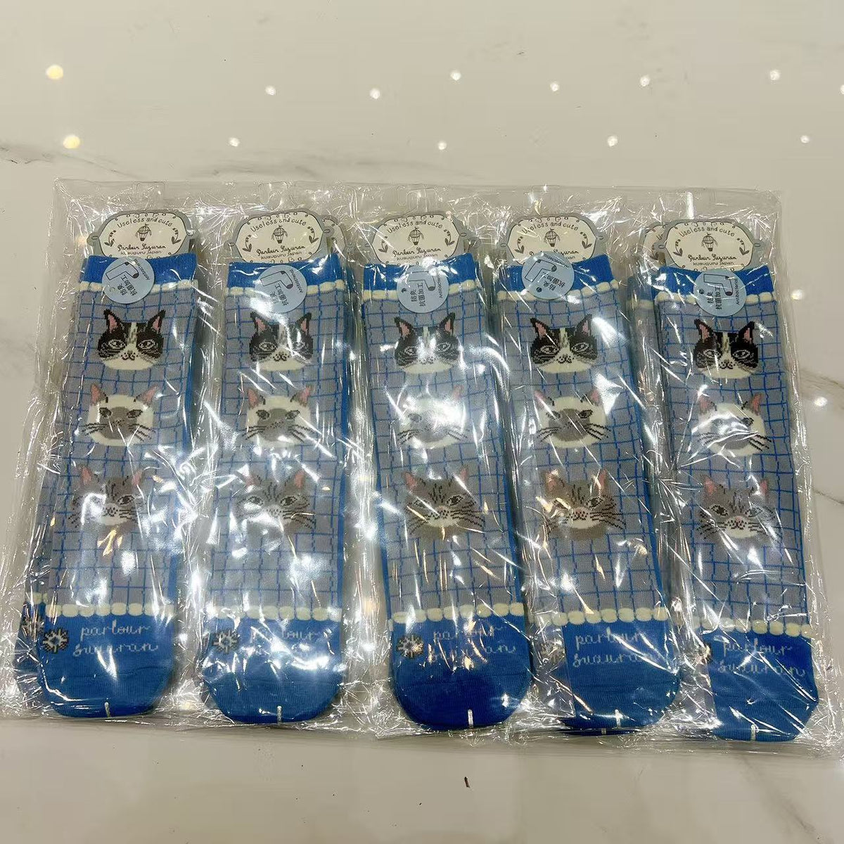 日本Kusuguru提花貓咪船襪中筒襪卡通棉襪堆堆襪襪子521(10雙入)｜中筒蜜豆藍色9169-2／單一尺寸