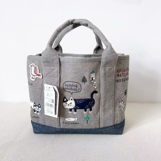 日本Kusuguru正品刺繡爬貓手提包托特包手提包健康布布藝隔層969｜灰色爬貓6628-1
