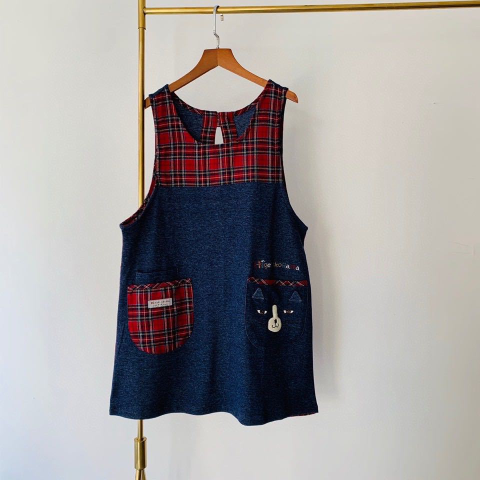 出口日本棉麻布藝刺繡貓咪居家圍裙防污防油防汙罩衫反穿烘焙花藝無袖｜藍色