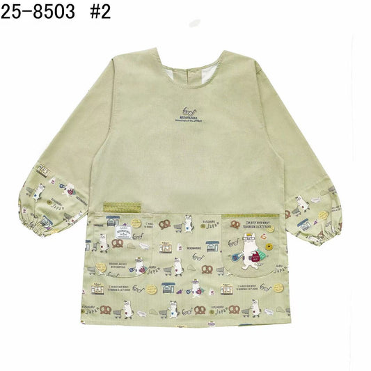 日本Kusuguru正品刺繡貓咪長袖圍裙家務防油防污反穿服花藝烘焙40｜眼鏡貓米黃8503-2