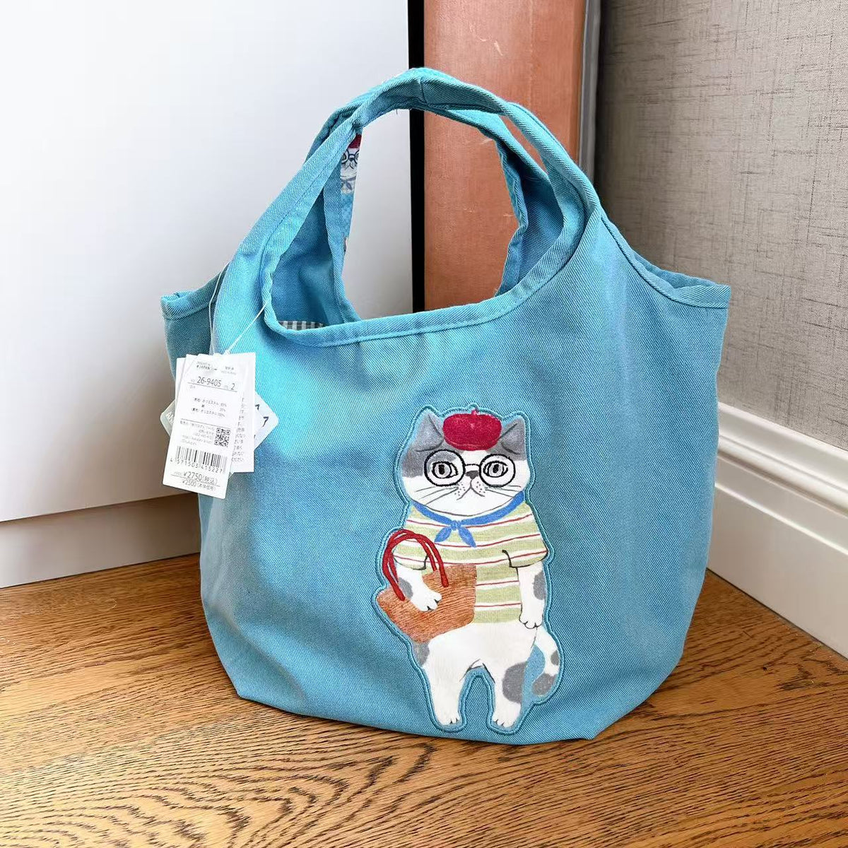 日本Kusuguru正品刺繡貓咪法鬥犬手提包購物包手提包帆布袋子502｜露西藍色9405-2