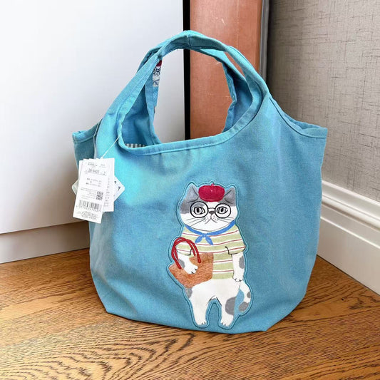 日本Kusuguru正品刺繡貓咪法鬥犬手提包購物包手提包帆布袋子502｜露西藍色9405-2