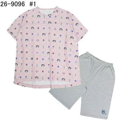 日本Kusuguru正品印花居家服睡裙套裝短袖短褲天竺棉卡通519｜短袖套裝爬貓粉9096-1／單一尺寸