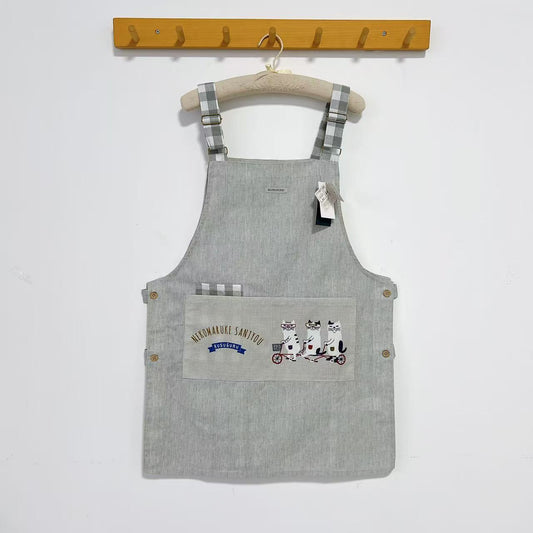 日本Kusuguru正品Nago貓咪印花圍裙家務布藝防油防污花藝烘焙403｜眼鏡貓灰9055-5