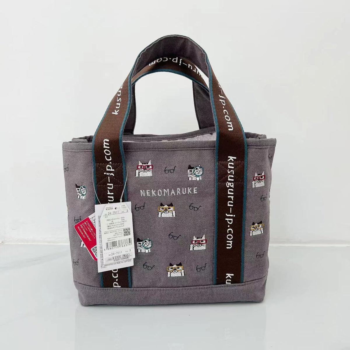 日本kusuguru重工刺繡貓咪手提包托特包手提包布藝購物包卡通200｜咖色7511-3