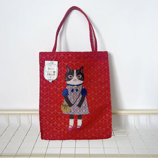 日本Kusuguru正品蜜豆公主提花手提包手提包雪尼爾購物通勤404｜蜜豆紅色大8619-2