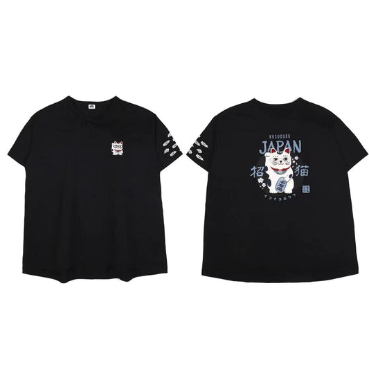 日本Kusuguru刺繡貓咪女性棉T圓領短袖衫純棉休閒棉衫百搭112｜招財貓黑色7130-3／單一尺寸