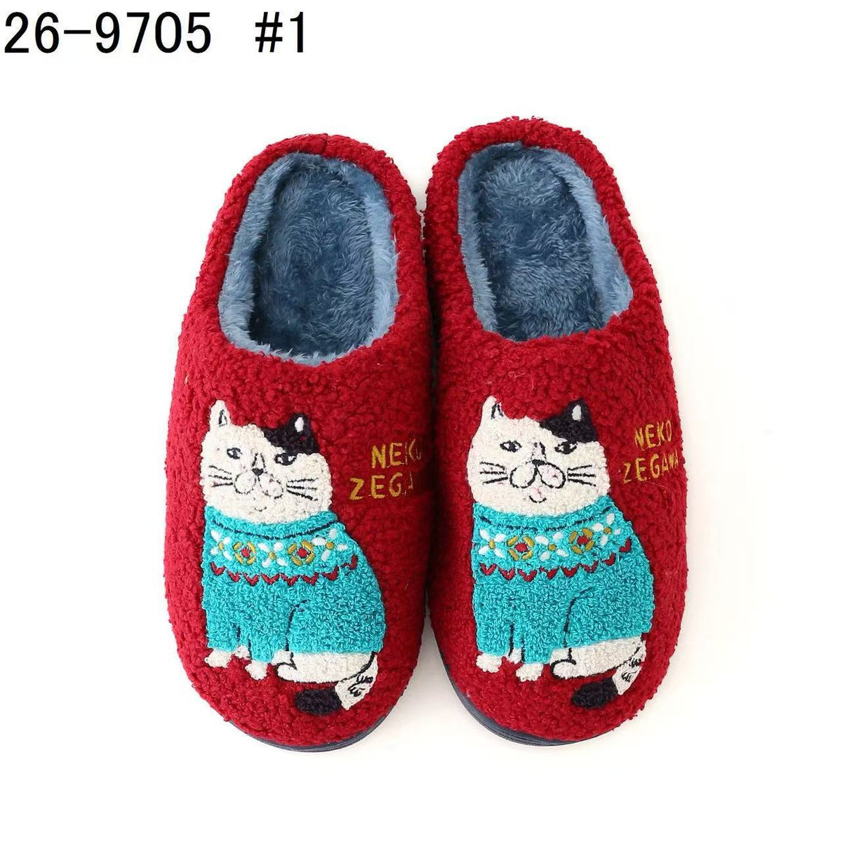 日本Kusuguru正品刺繡提花拖鞋羊絨顆粒地板拖防滑居家保暖鞋保暖625｜胖貓紅色9705-1／單一尺寸