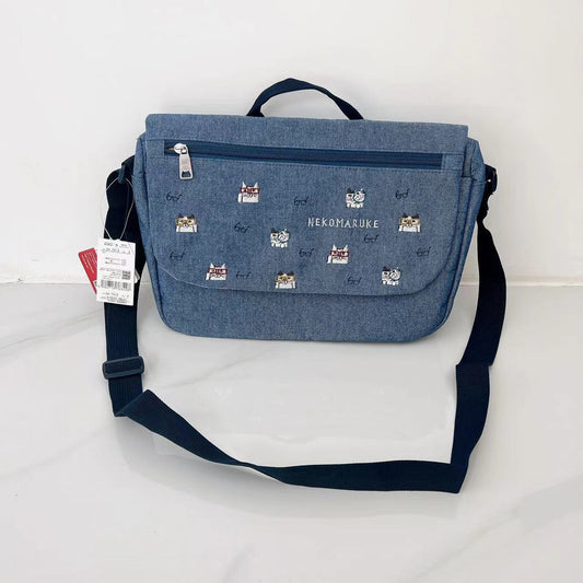 日本kusuguru重工刺繡貓咪斜背包肩背包布藝背包卡通購物通勤200｜牛仔藍7513-2