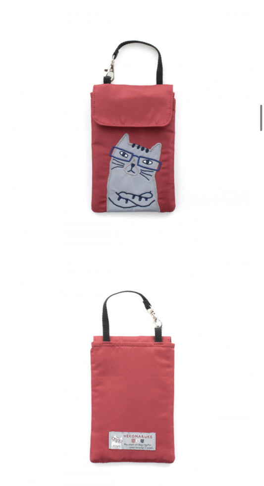 出口日本新款刺繡貓咪手提包手提包錢包手機包可愛卡通鑰匙包卡套｜紅色