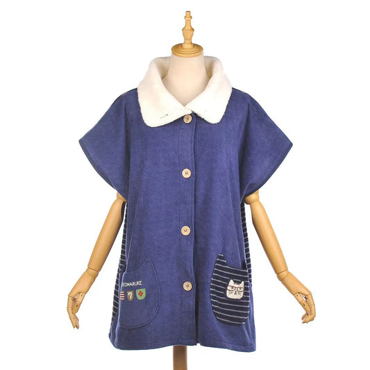日本ksuguru刺繡貓咪居家服外套斗篷披肩護肩加厚保暖刷毛922｜藏青5648-3