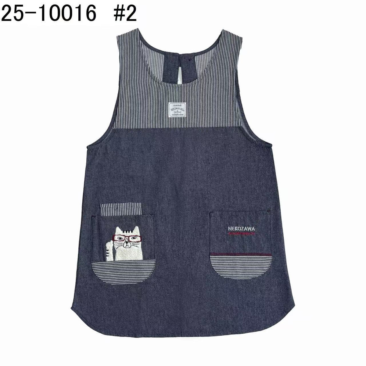 日本Kusuguru正品刺繡貓咪法鬥居家圍裙防污防油防汙罩衫烘焙花藝436｜眼鏡貓深牛仔藍10016-2