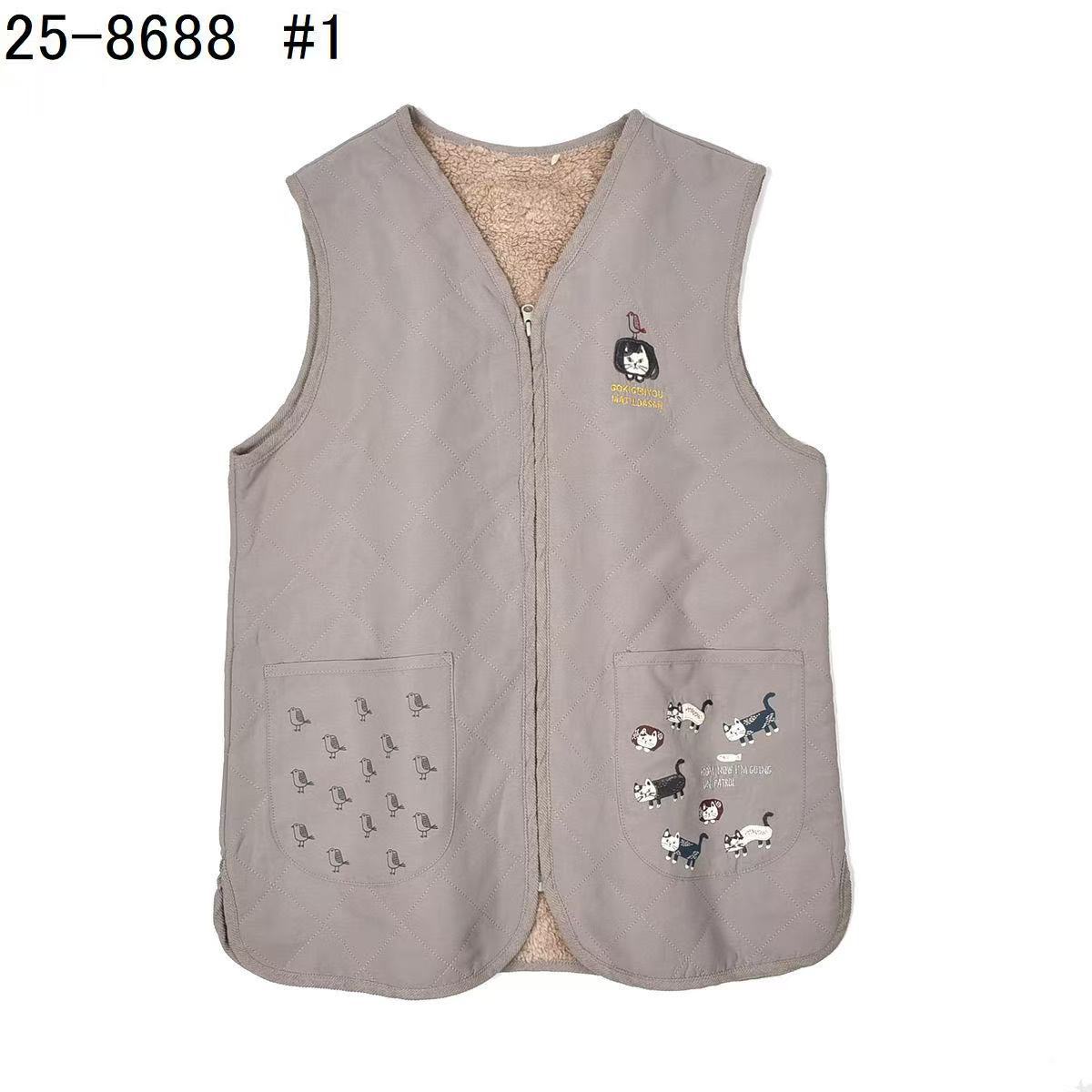 日本Kusuguru正品刺繡爬貓絎縫馬甲女性坎肩背心加絨保暖休閒427｜爬貓米灰色8688-1／單一尺寸